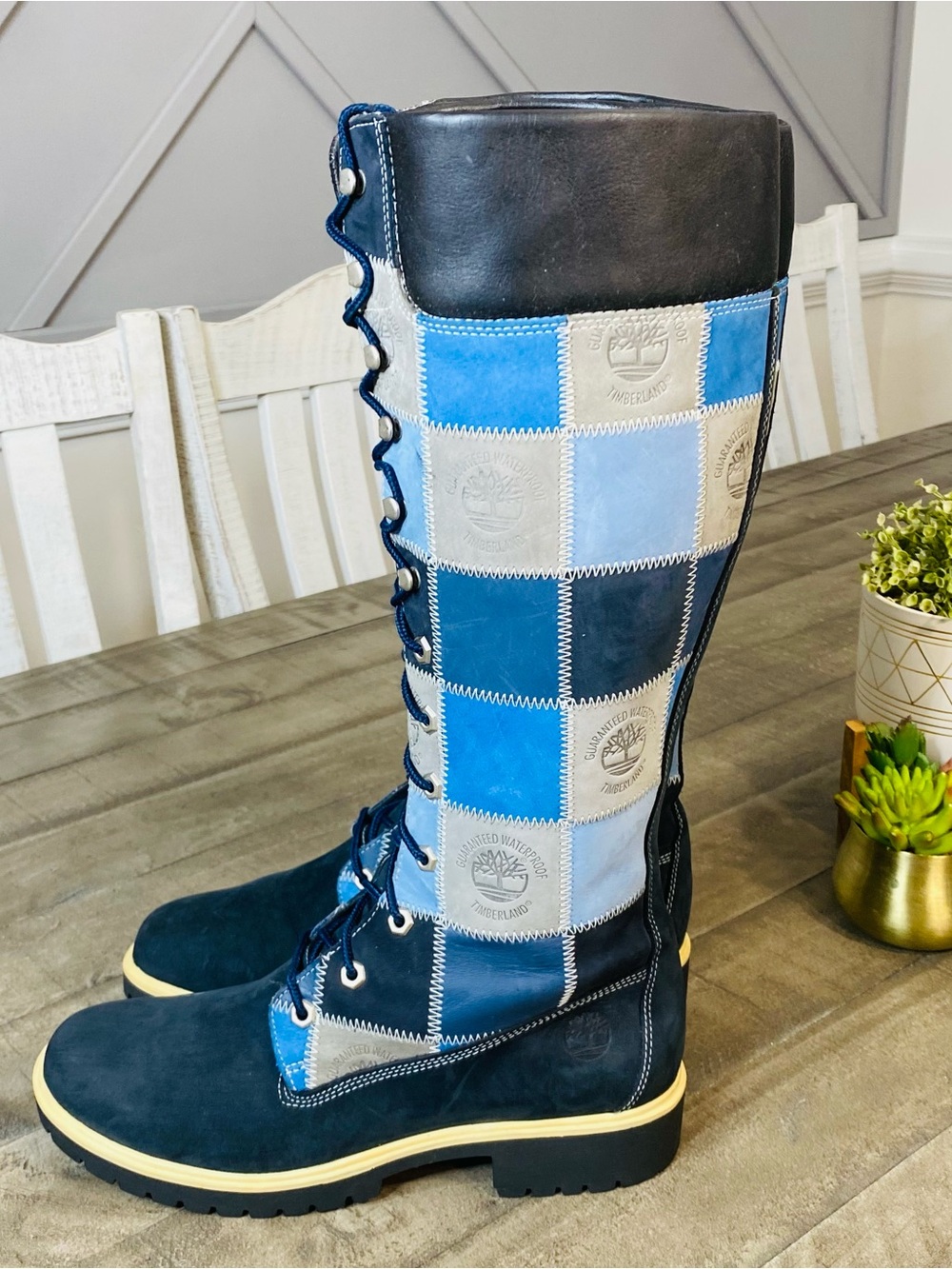 Timberland Rare Blue Patchwork Knee High Boots Checkered Leather Lace Up Size 9